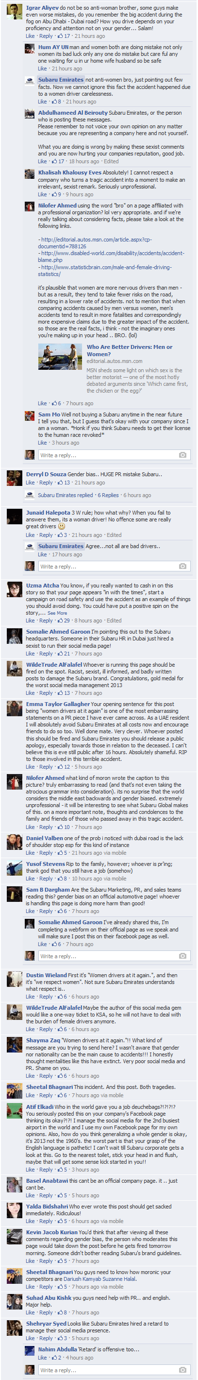 This is the first comments screen shot. Note the defensive post by Subaru Emirates and the anger of the responses.