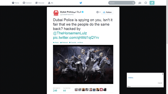 A screen shot of the image sent out by the hackers via the @DubaiPoliceHQ Twitter account