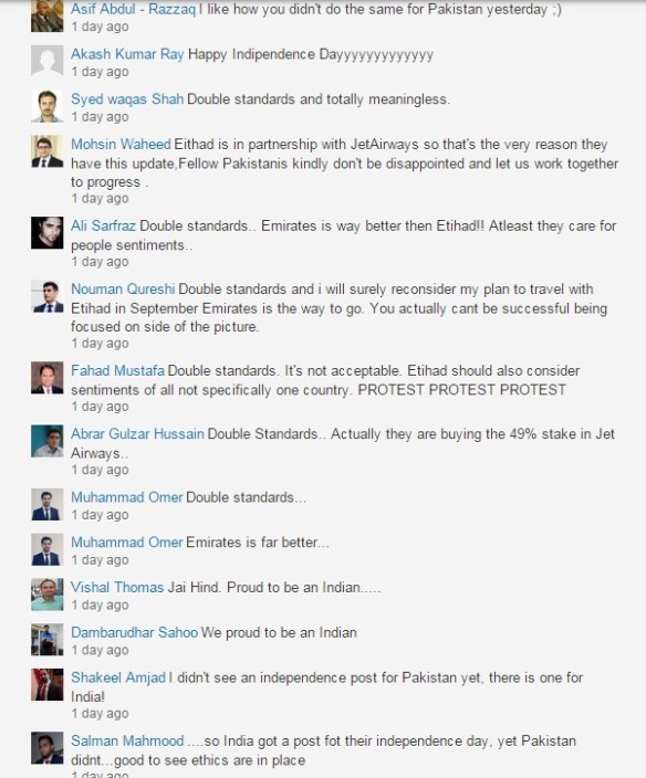 Etihad's move to wish well to India and not to Pakistan for their respective Independence Days didn't go down well with the airline's Pakistani fans
